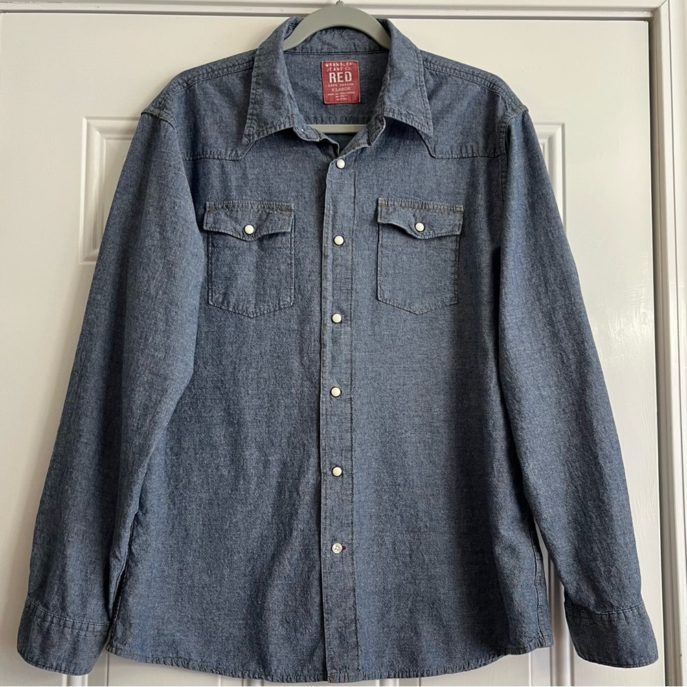 WRANGLER JEANS CO. RED Men's Shirt Size XL Chambray Blue Pearl Snap Shirt